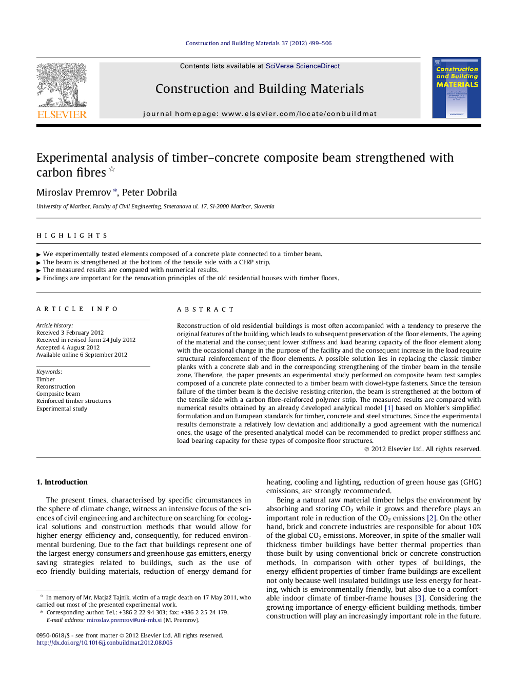 Experimental analysis of timber–concrete composite beam strengthened with carbon fibres 