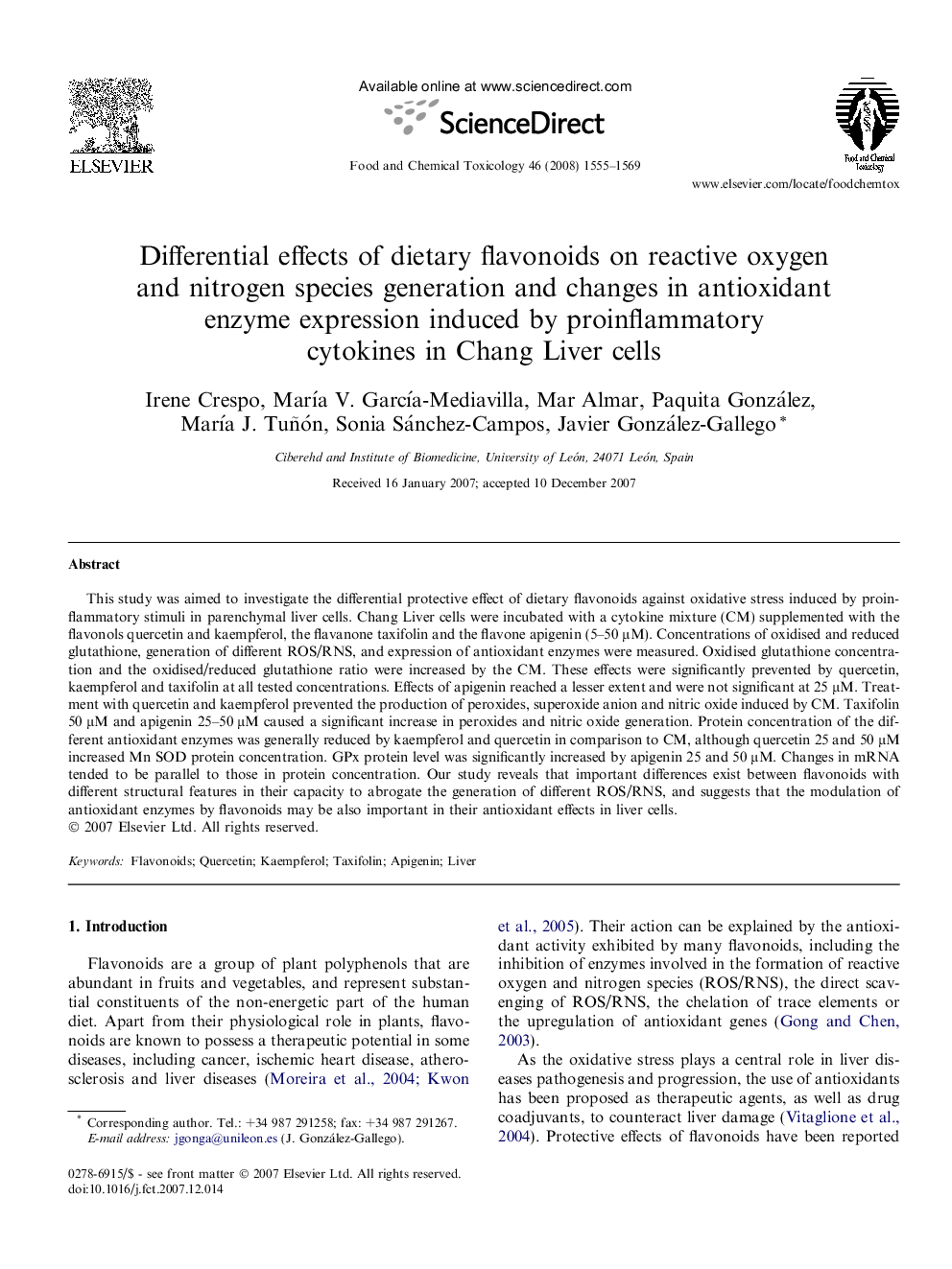 Differential effects of dietary flavonoids on reactive oxygen and nitrogen species generation and changes in antioxidant enzyme expression induced by proinflammatory cytokines in Chang Liver cells