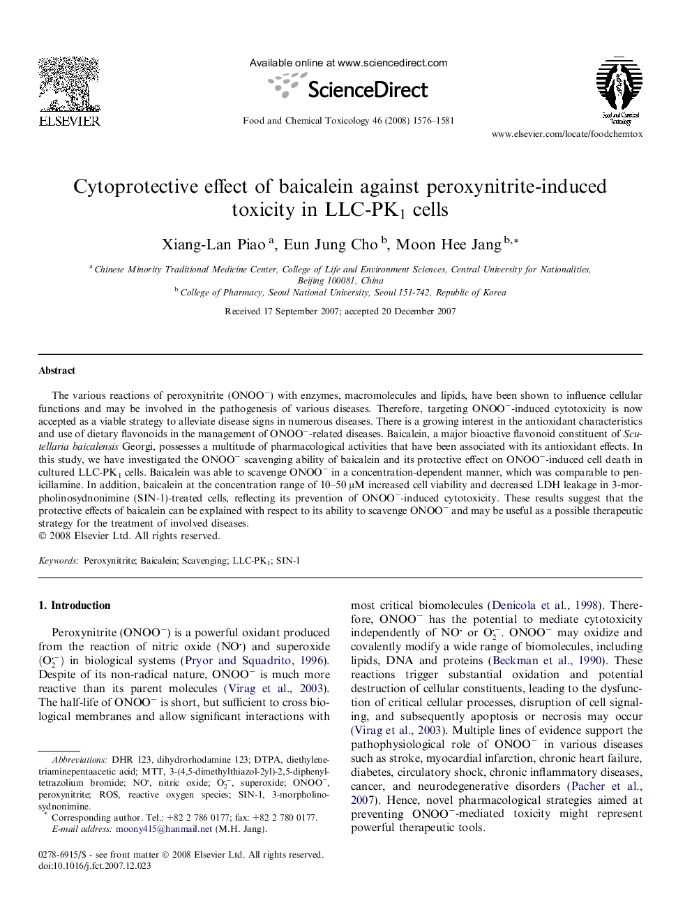 Cytoprotective effect of baicalein against peroxynitrite-induced toxicity in LLC-PK1 cells