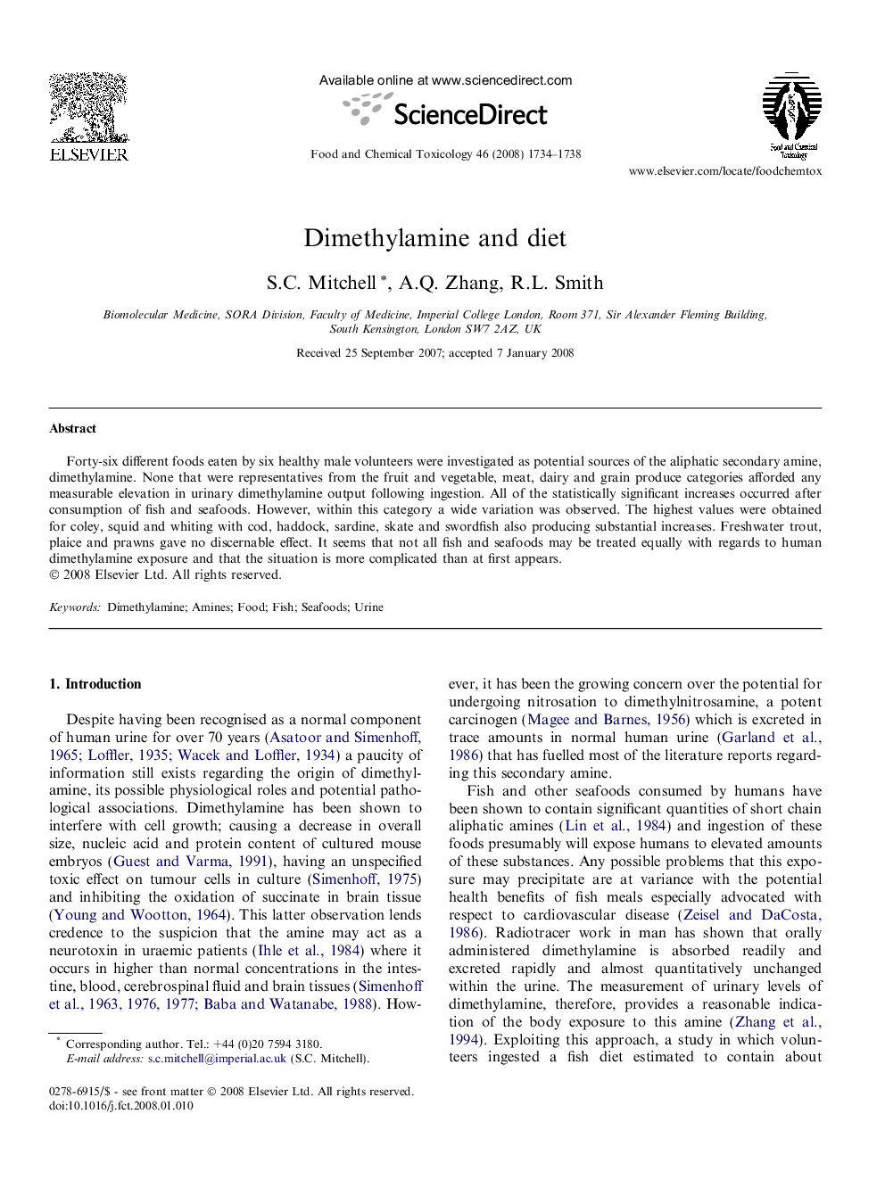 Dimethylamine and diet