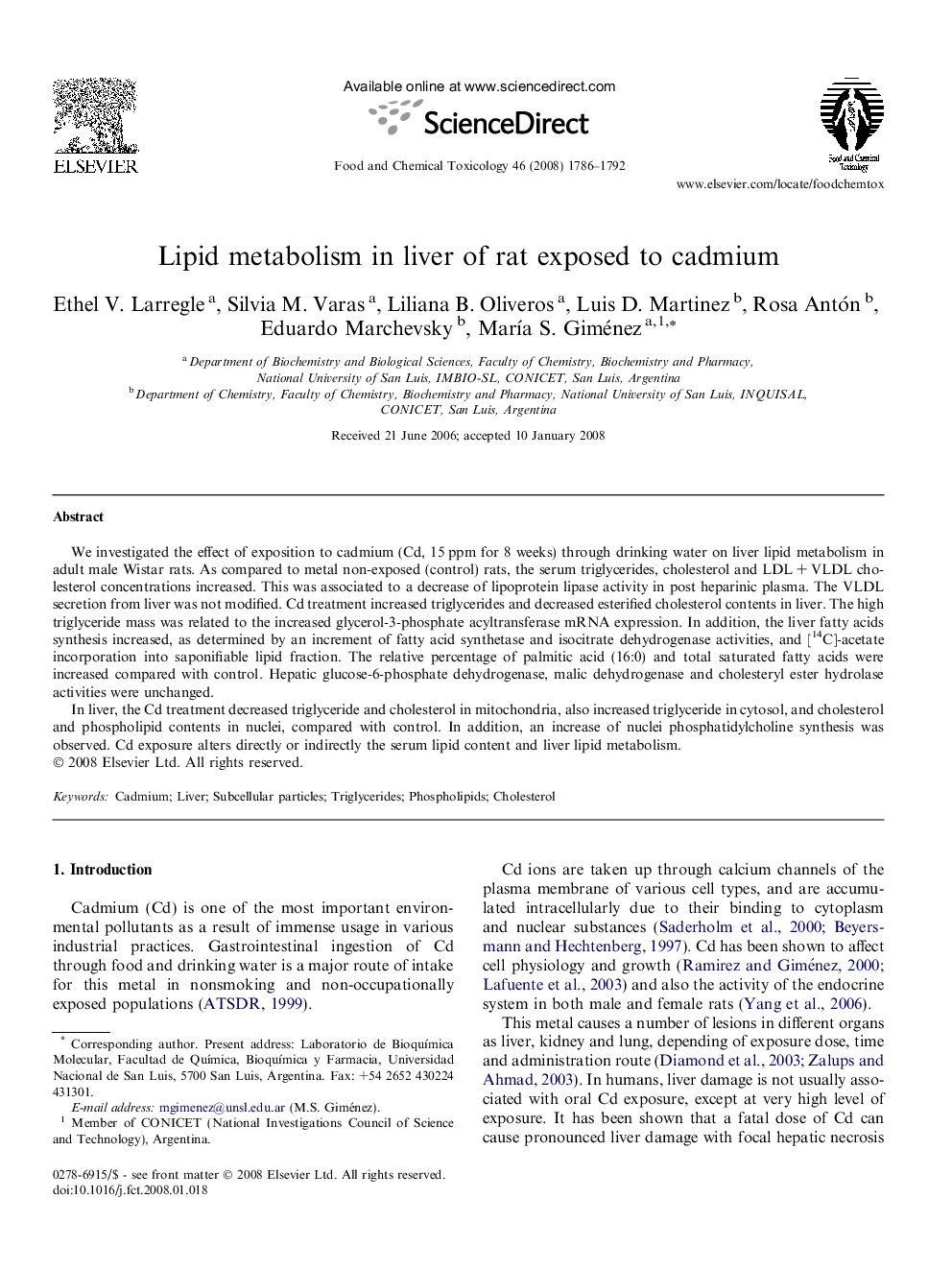 Lipid metabolism in liver of rat exposed to cadmium