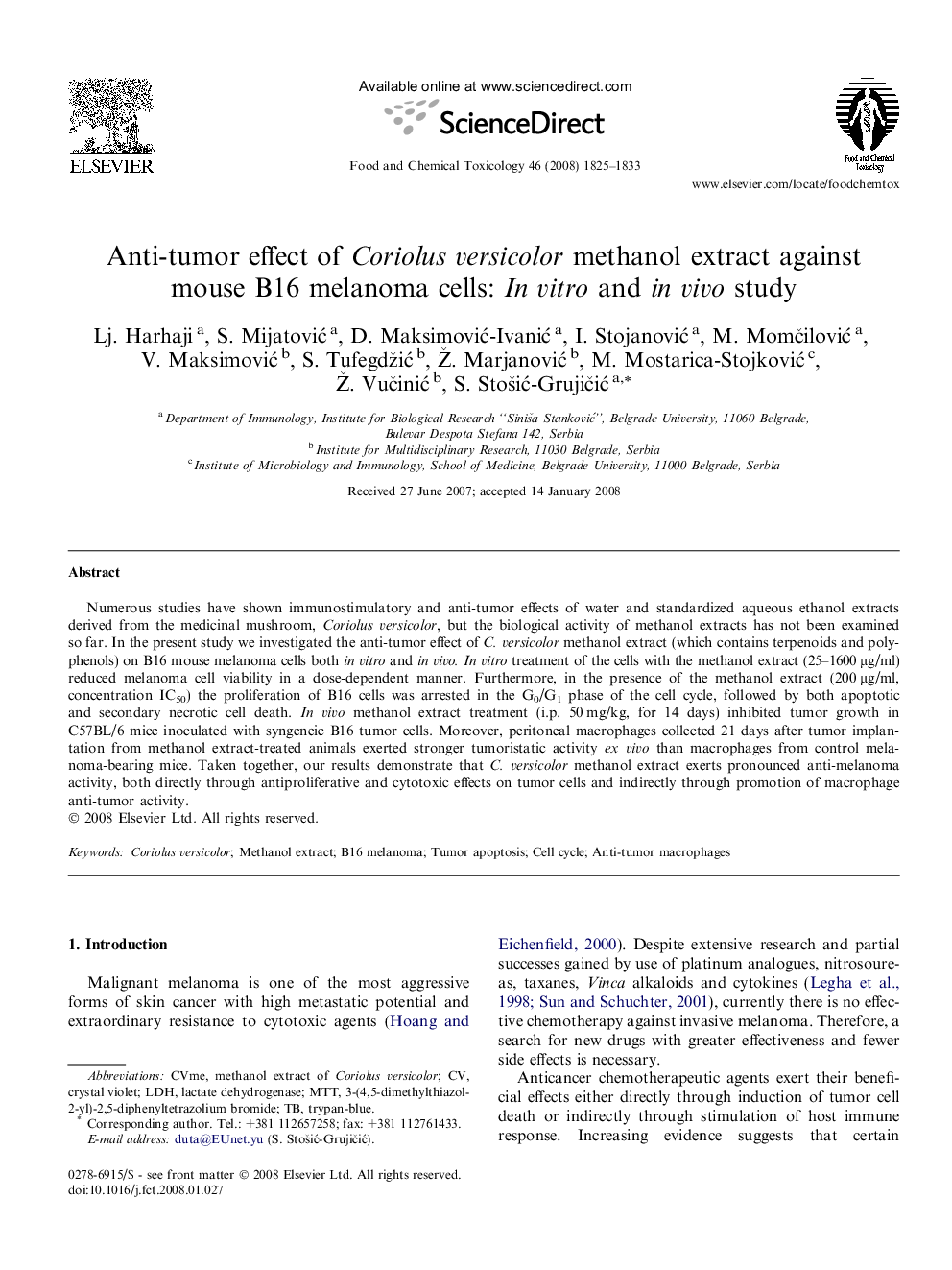 عکس صفحه اول مقاله: Anti-tumor effect of Coriolus versicolor methanol extract against mouse B16 melanoma cells: In vitro and in vivo study Anti-tumor effect of Coriolus versicolor methanol extract against mouse B16 melanoma cells: In vitro and in vivo study