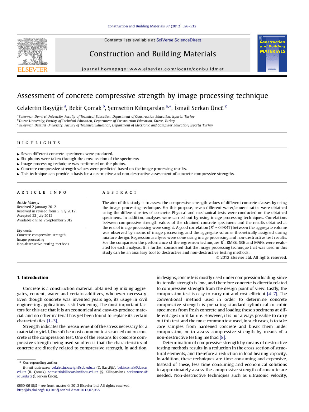 Assessment of concrete compressive strength by image processing technique