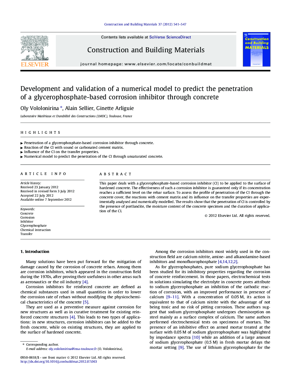 Development and validation of a numerical model to predict the penetration of a glycerophosphate-based corrosion inhibitor through concrete