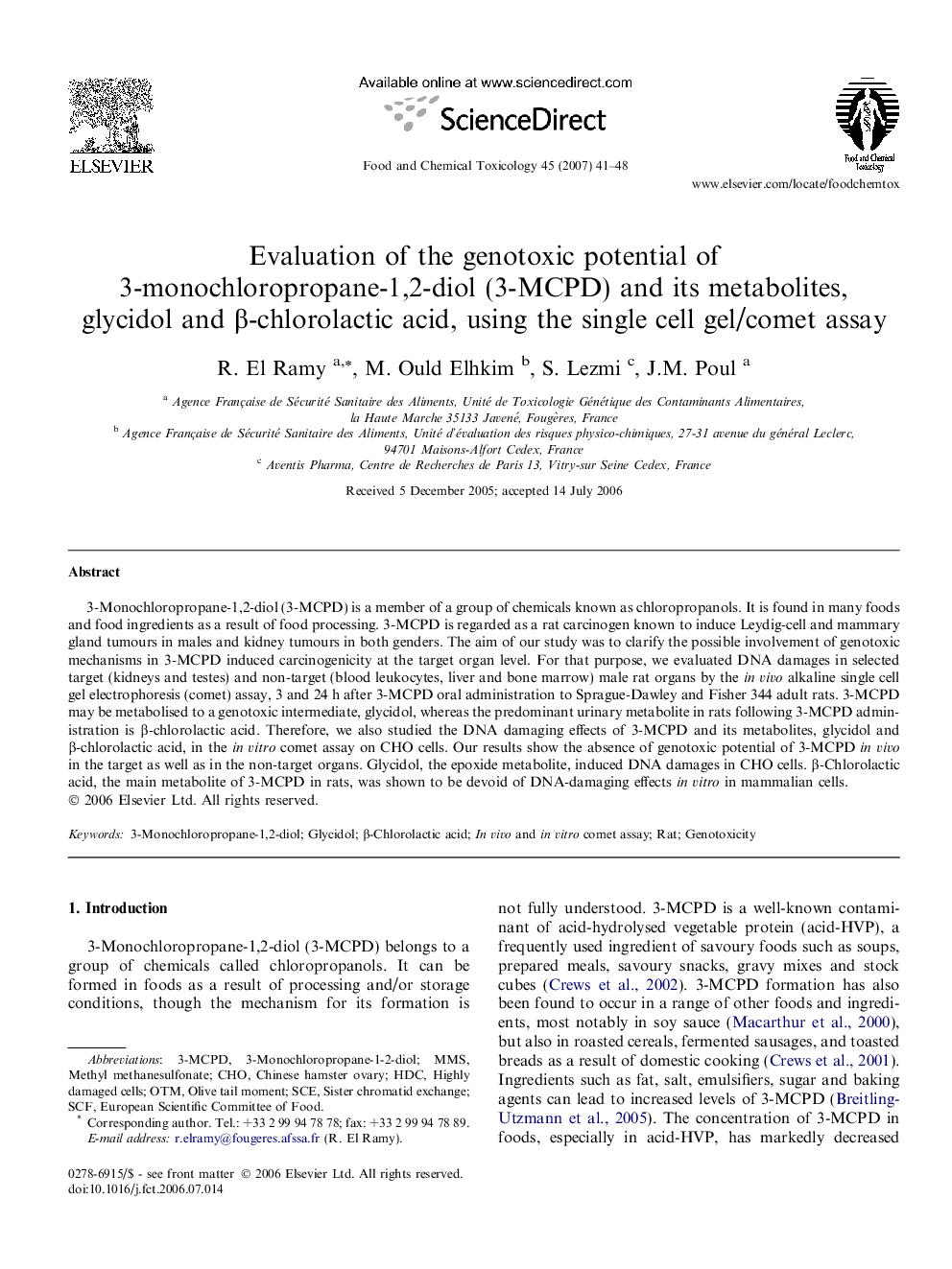 Evaluation of the genotoxic potential of 3-monochloropropane-1,2-diol (3-MCPD) and its metabolites, glycidol and β-chlorolactic acid, using the single cell gel/comet assay