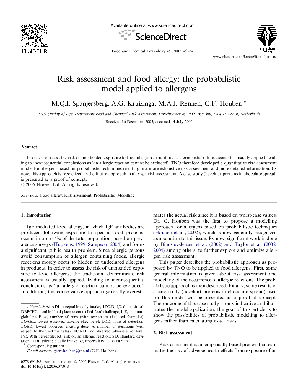 Risk assessment and food allergy: the probabilistic model applied to allergens