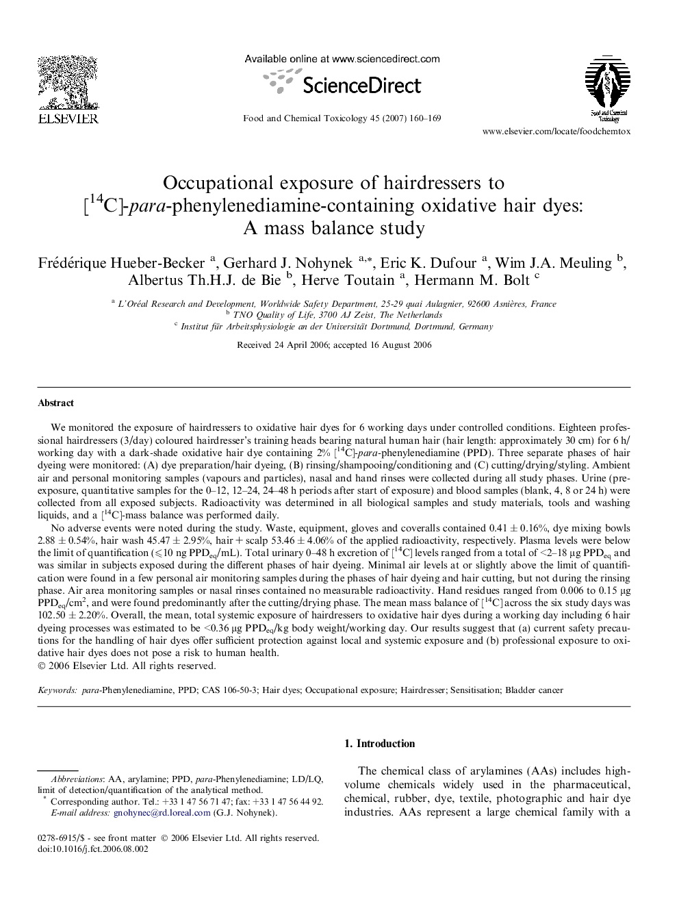 Occupational exposure of hairdressers to [14C]-para-phenylenediamine-containing oxidative hair dyes: A mass balance study