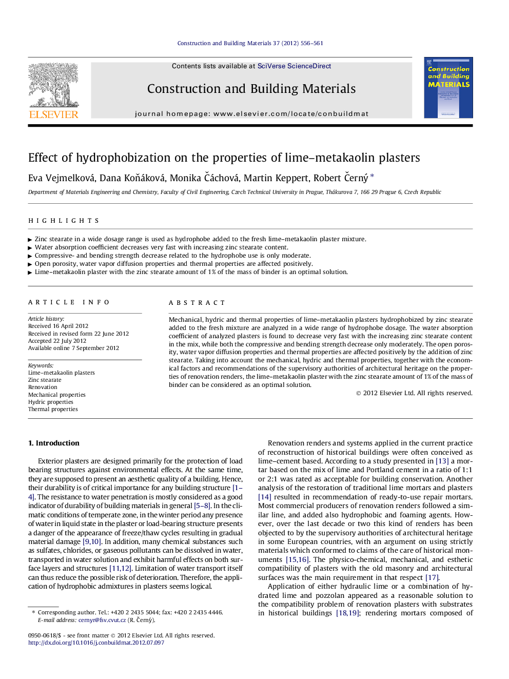 Effect of hydrophobization on the properties of lime–metakaolin plasters