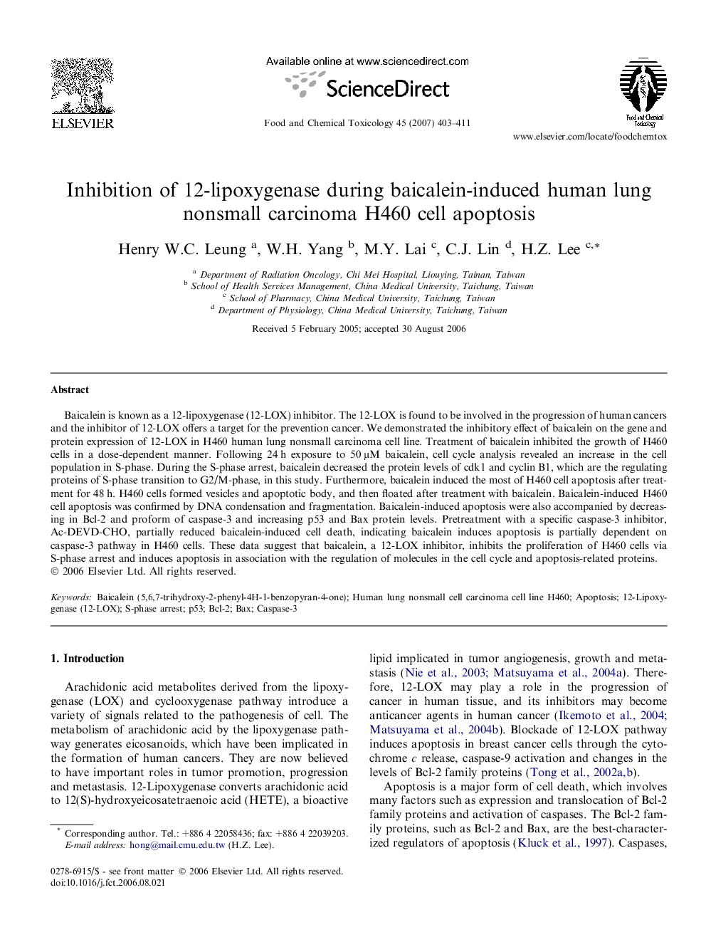 Inhibition of 12-lipoxygenase during baicalein-induced human lung nonsmall carcinoma H460 cell apoptosis