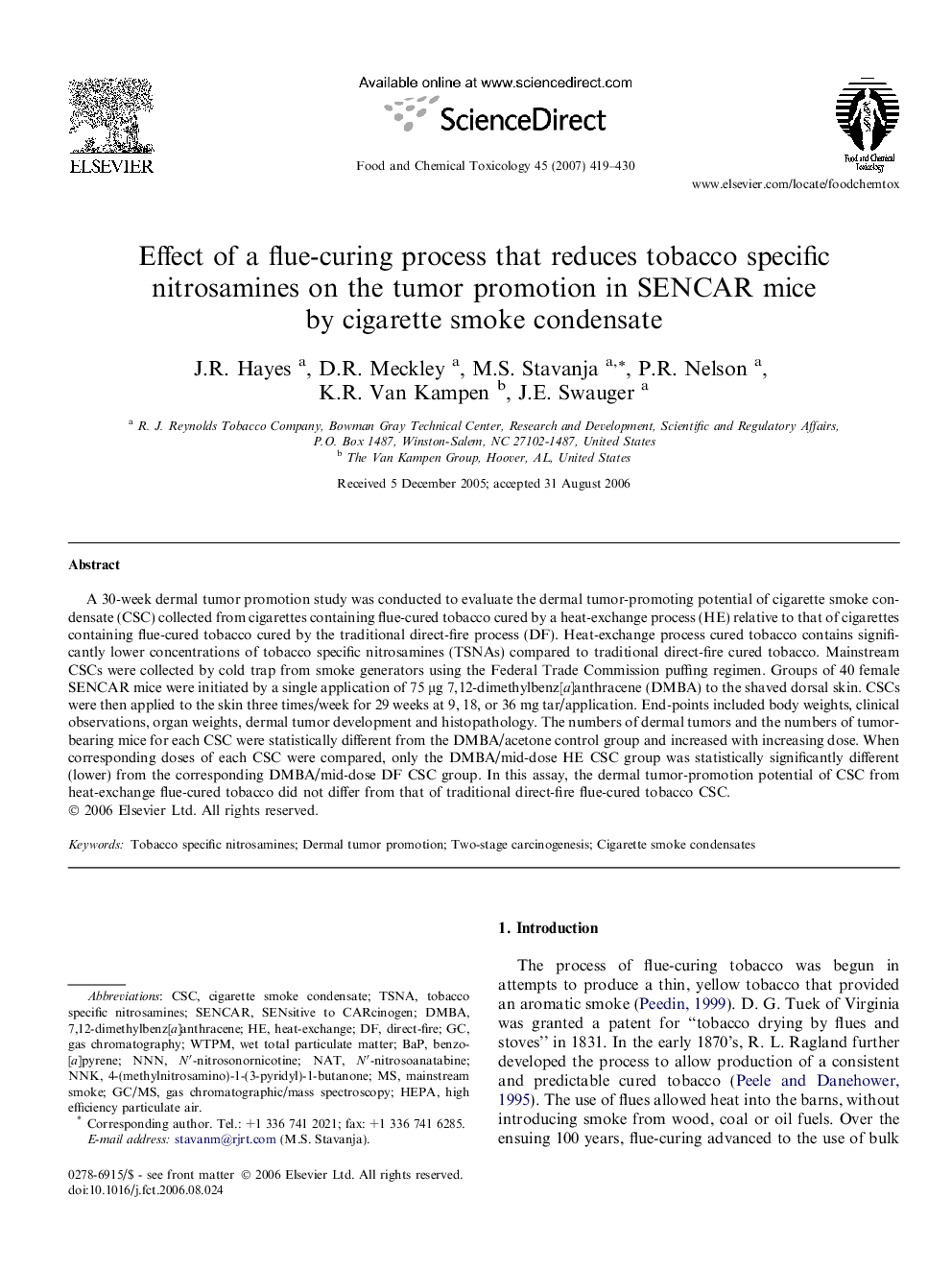 Effect of a flue-curing process that reduces tobacco specific nitrosamines on the tumor promotion in SENCAR mice by cigarette smoke condensate