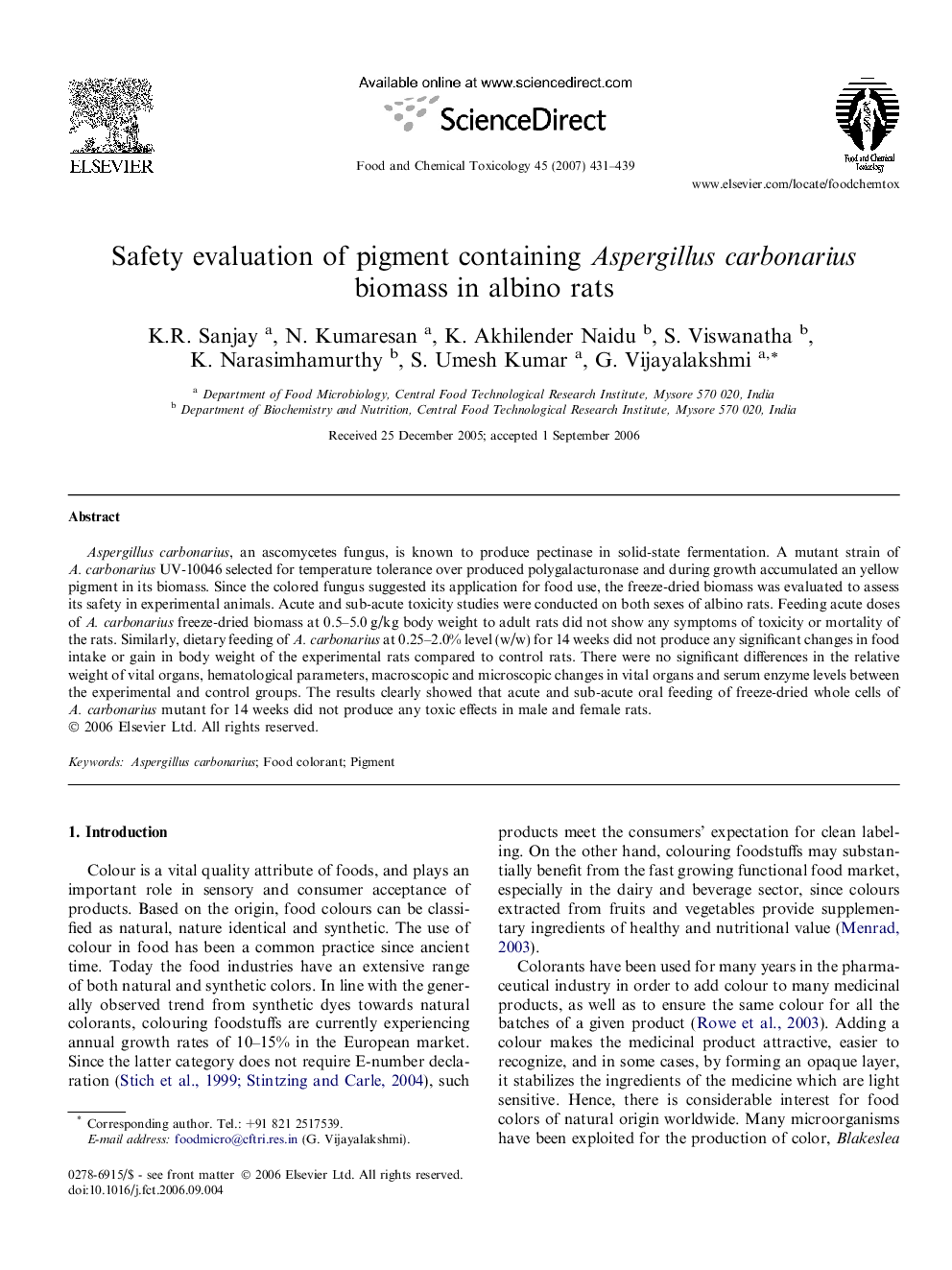 Safety evaluation of pigment containing Aspergillus carbonarius biomass in albino rats