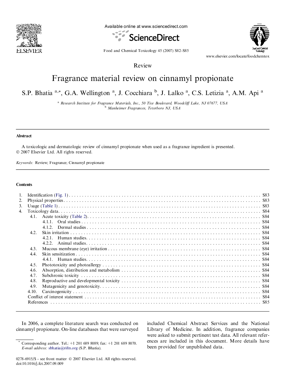 Fragrance material review on cinnamyl propionate