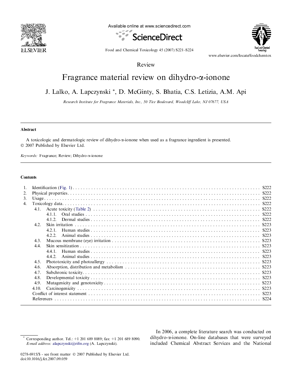 Fragrance material review on dihydro-Î±-ionone