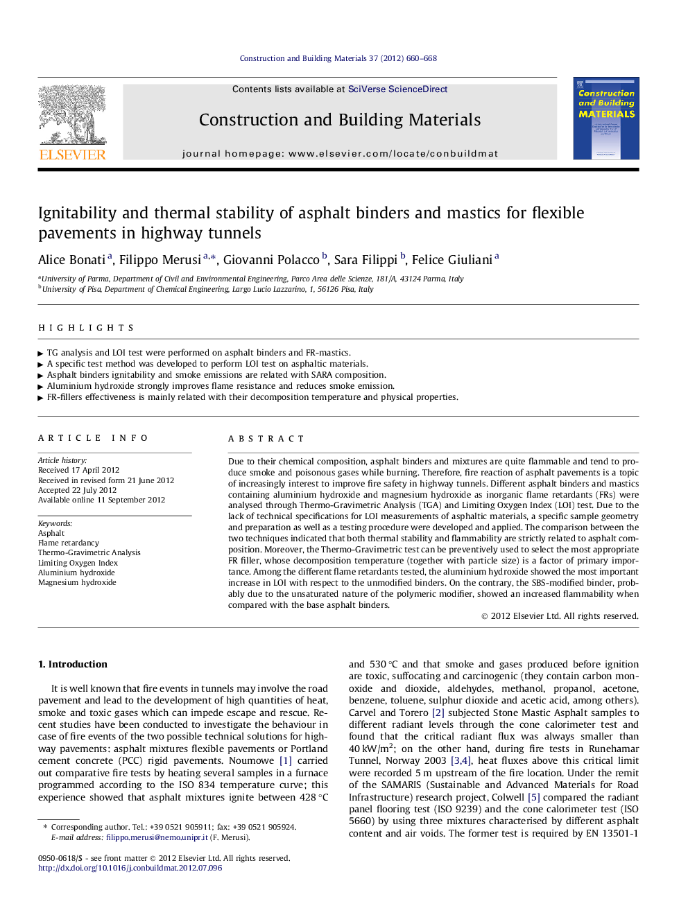 Ignitability and thermal stability of asphalt binders and mastics for flexible pavements in highway tunnels