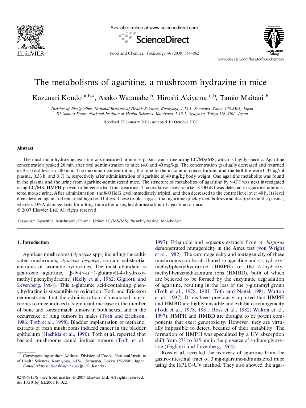 The metabolisms of agaritine, a mushroom hydrazine in mice