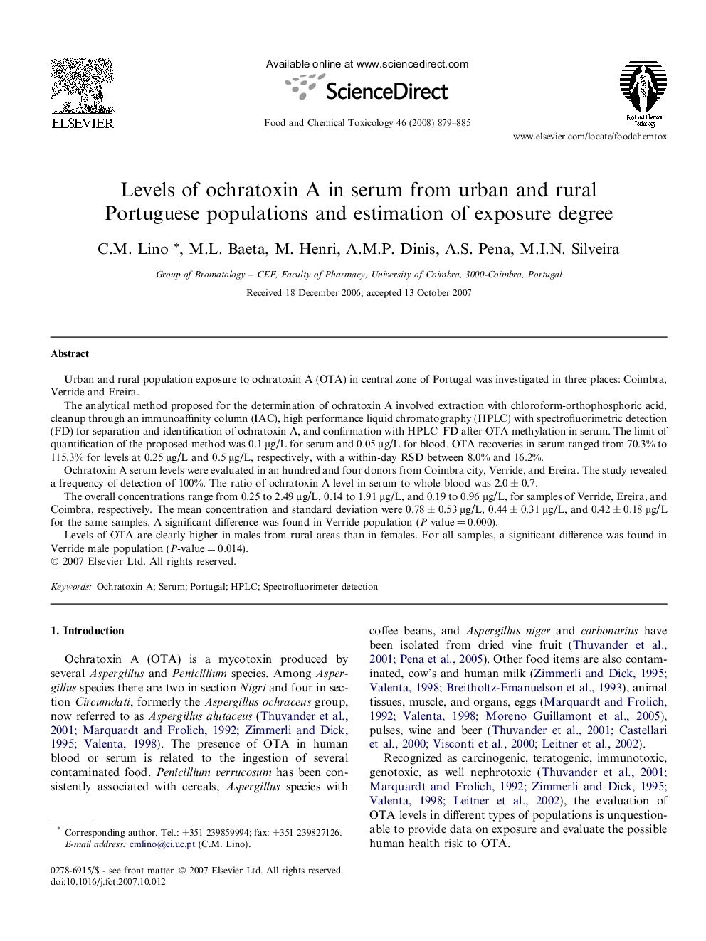 Levels of ochratoxin A in serum from urban and rural Portuguese populations and estimation of exposure degree