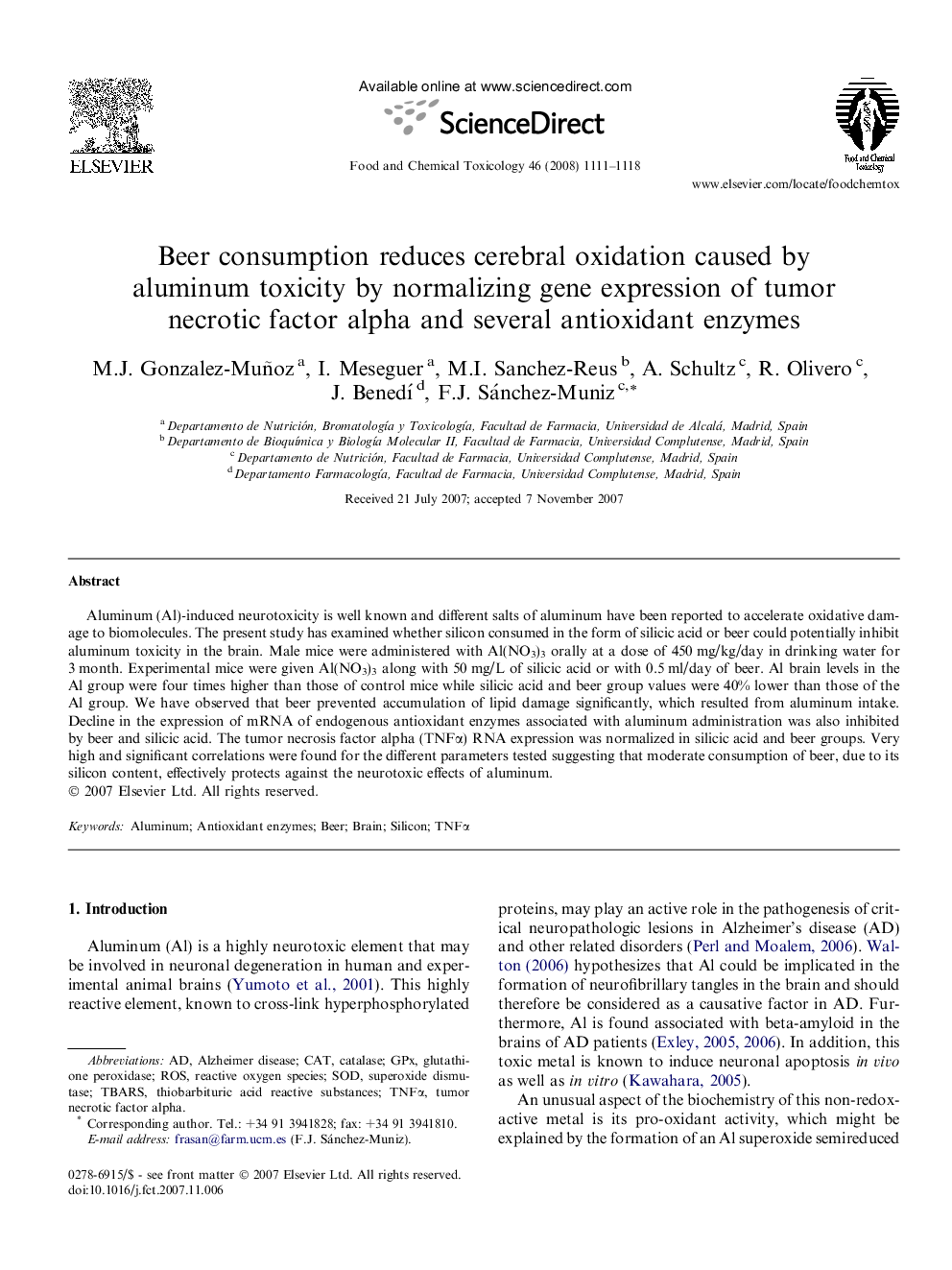 Beer consumption reduces cerebral oxidation caused by aluminum toxicity by normalizing gene expression of tumor necrotic factor alpha and several antioxidant enzymes