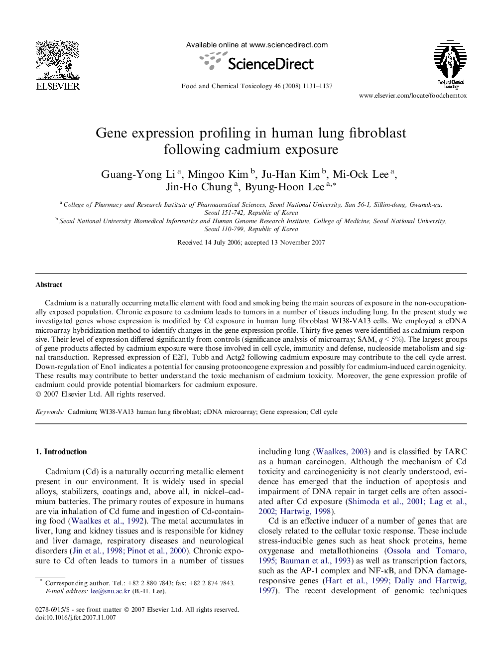 Gene expression profiling in human lung fibroblast following cadmium exposure