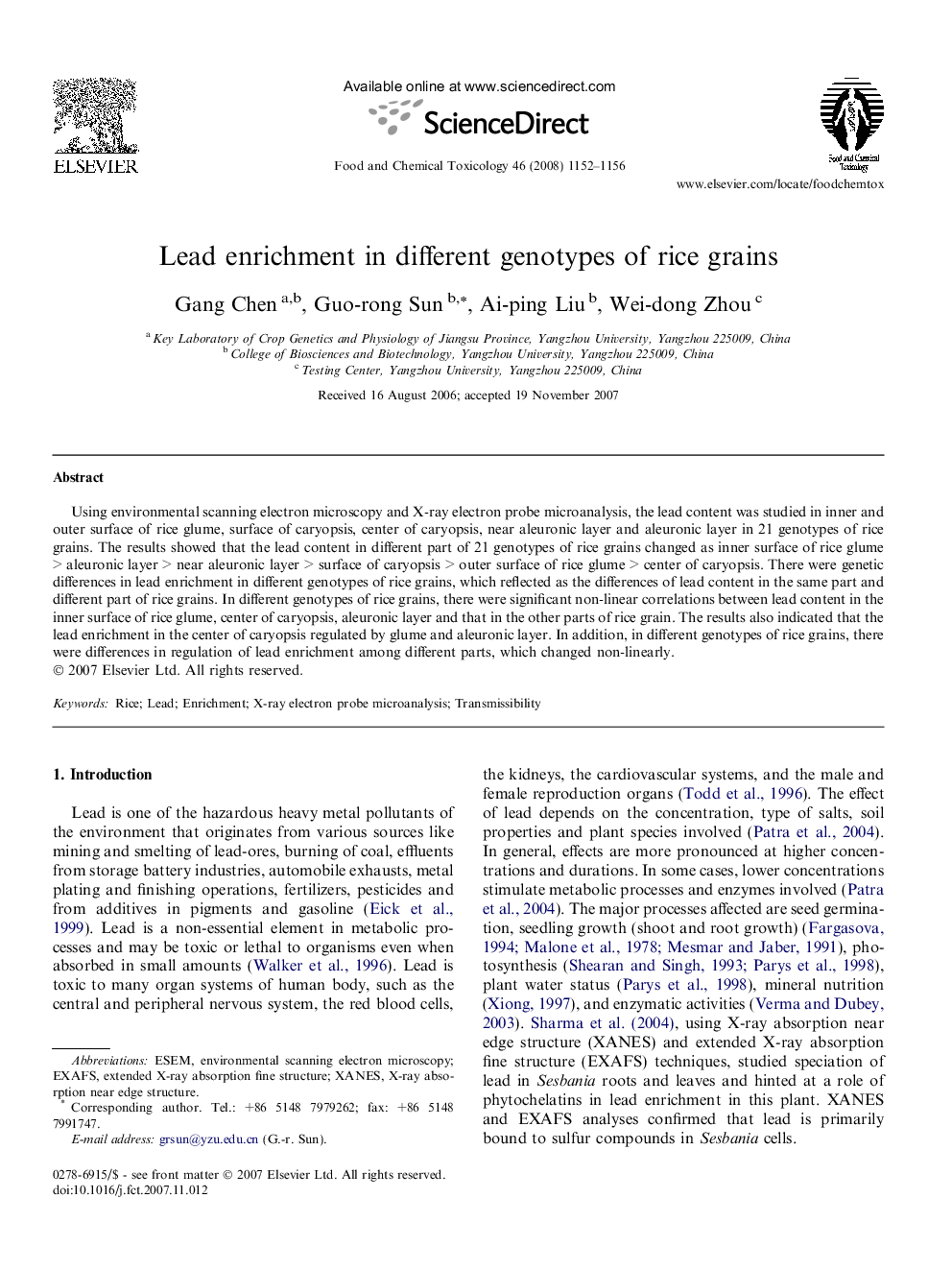 Lead enrichment in different genotypes of rice grains