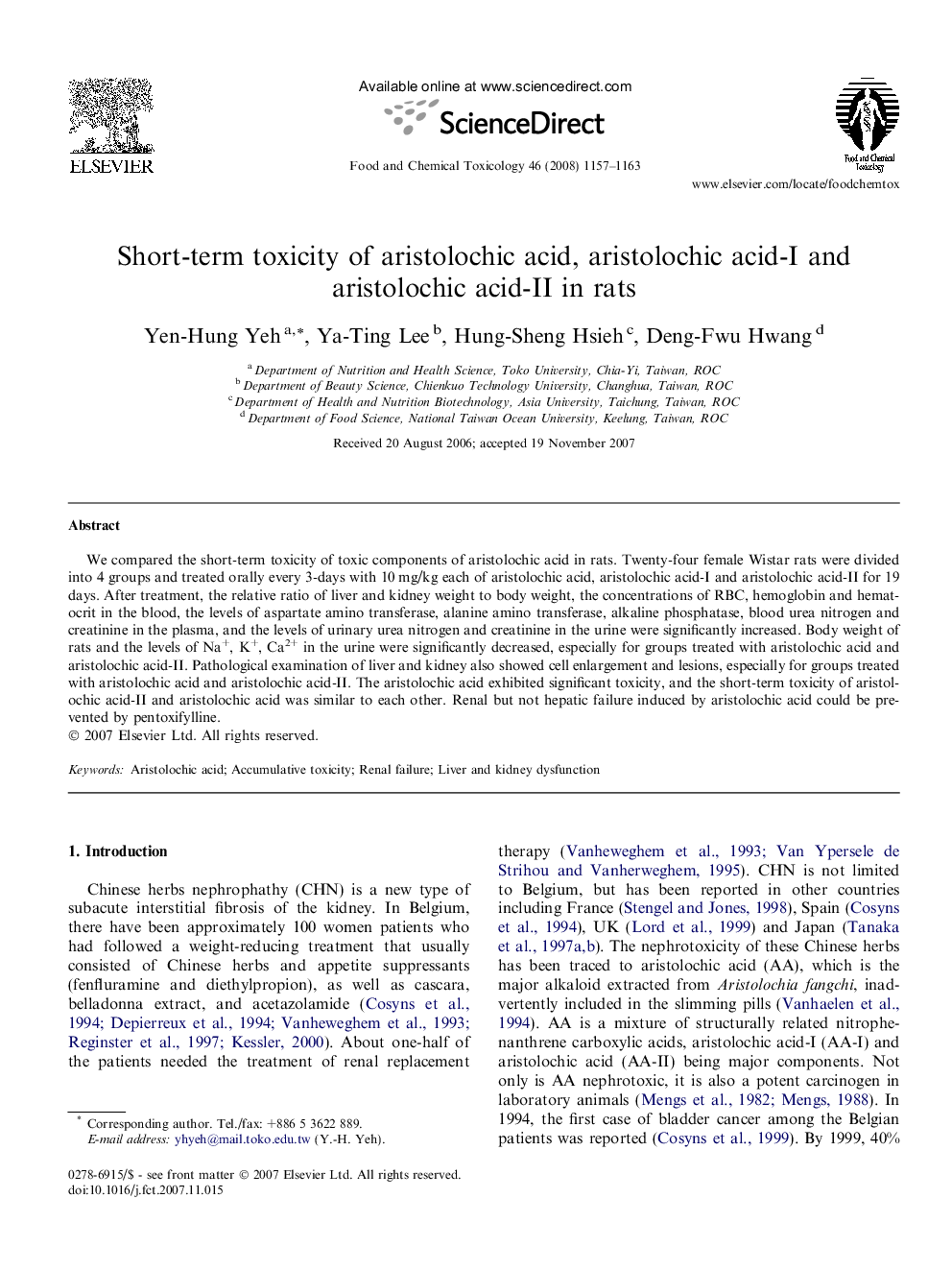 Short-term toxicity of aristolochic acid, aristolochic acid-I and aristolochic acid-II in rats