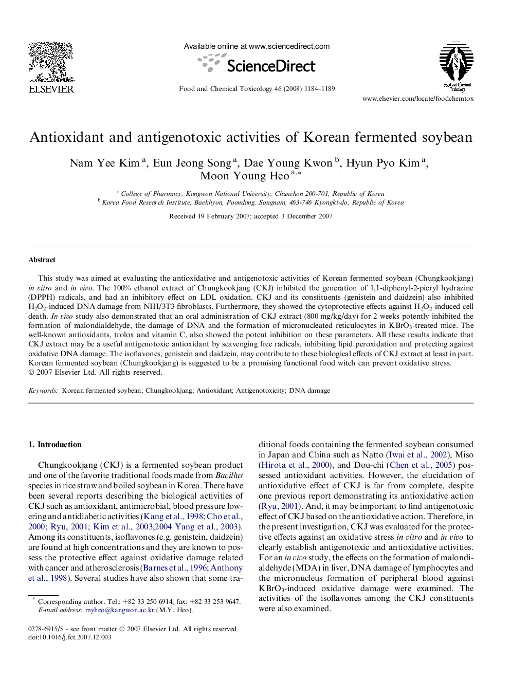 Antioxidant and antigenotoxic activities of Korean fermented soybean