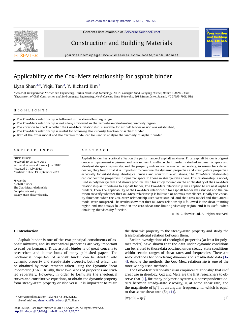 Applicability of the Cox–Merz relationship for asphalt binder