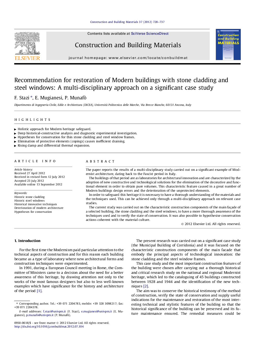 Recommendation for restoration of Modern buildings with stone cladding and steel windows: A multi-disciplinary approach on a significant case study