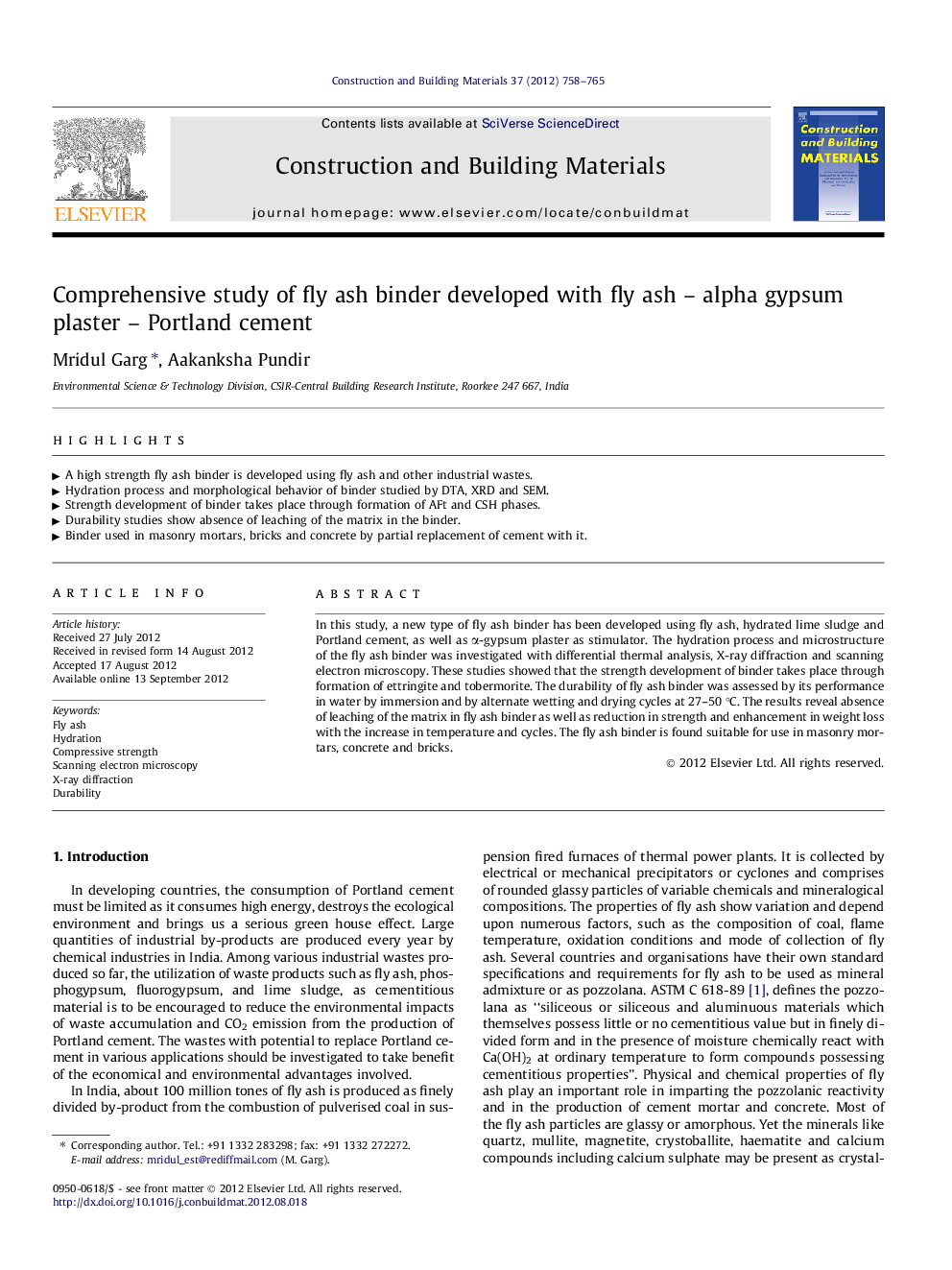 Comprehensive study of fly ash binder developed with fly ash – alpha gypsum plaster – Portland cement