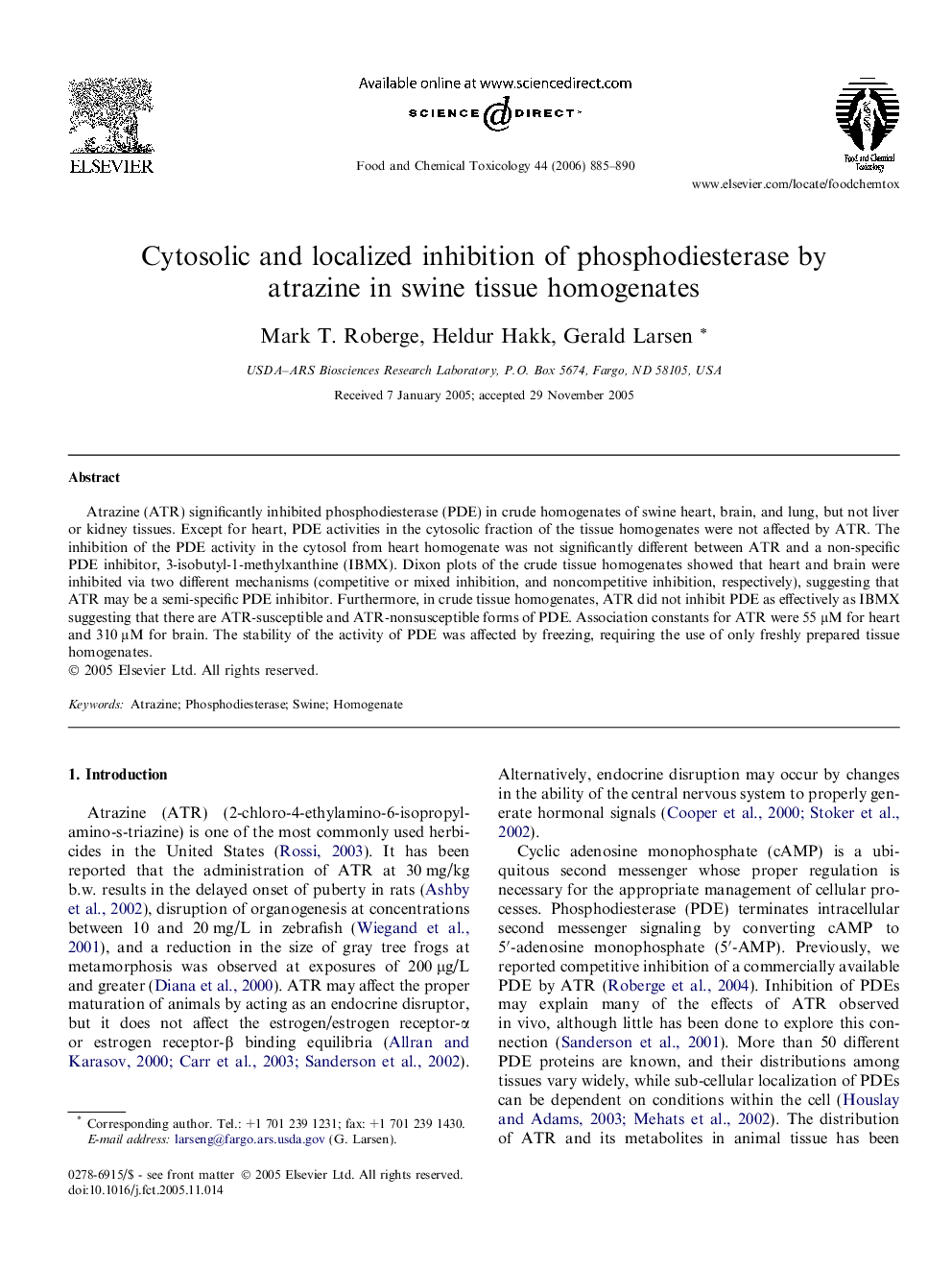 Cytosolic and localized inhibition of phosphodiesterase by atrazine in swine tissue homogenates