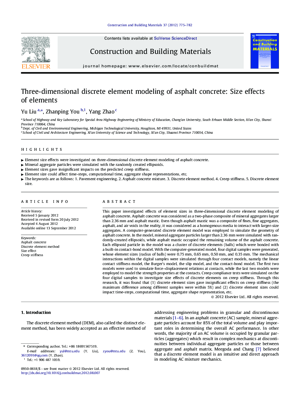 Three-dimensional discrete element modeling of asphalt concrete: Size effects of elements