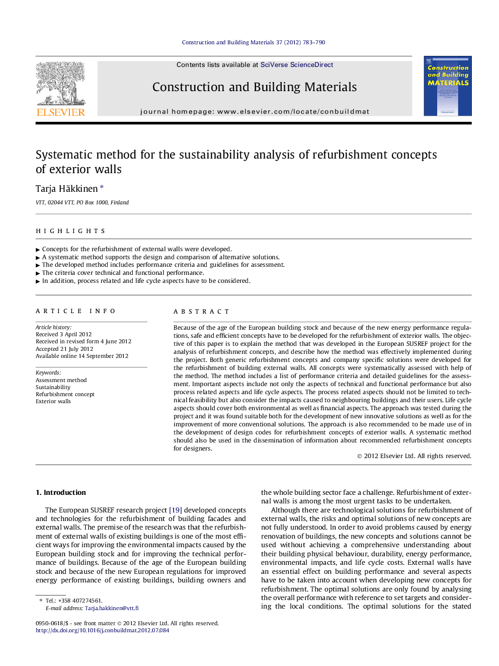 Systematic method for the sustainability analysis of refurbishment concepts of exterior walls