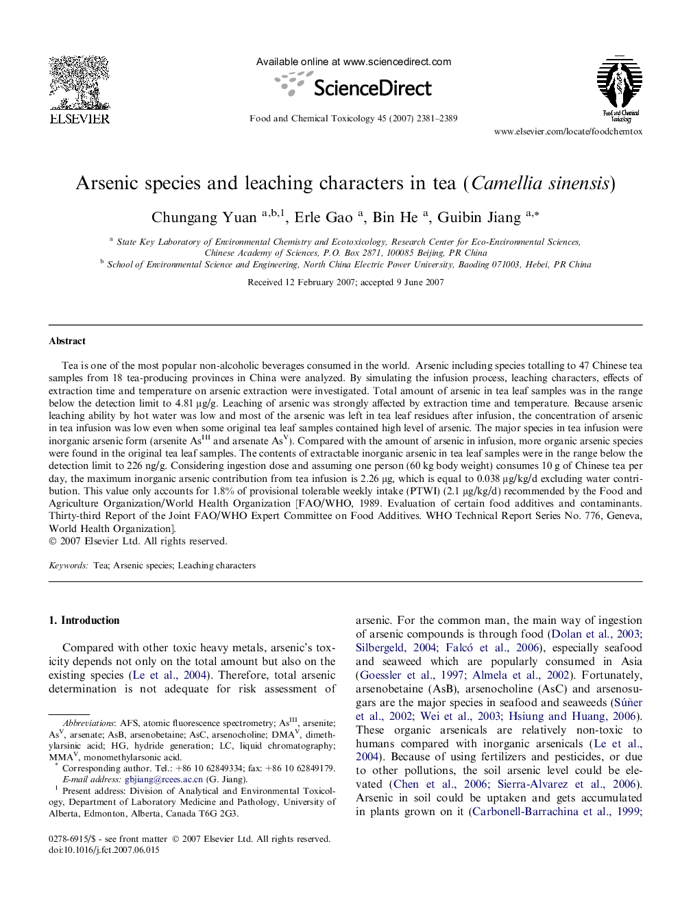 Arsenic species and leaching characters in tea (Camellia sinensis)