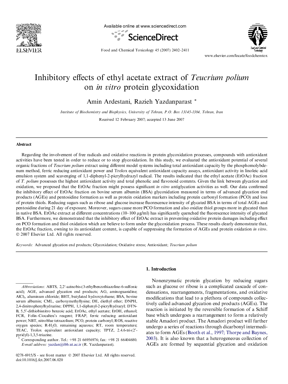 Inhibitory effects of ethyl acetate extract of Teucrium polium on in vitro protein glycoxidation