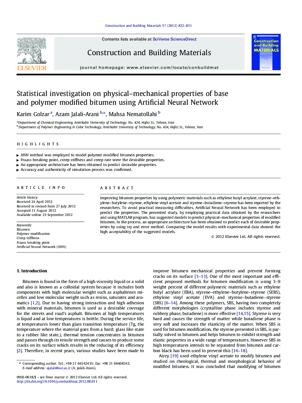 Statistical investigation on physical–mechanical properties of base and polymer modified bitumen using Artificial Neural Network