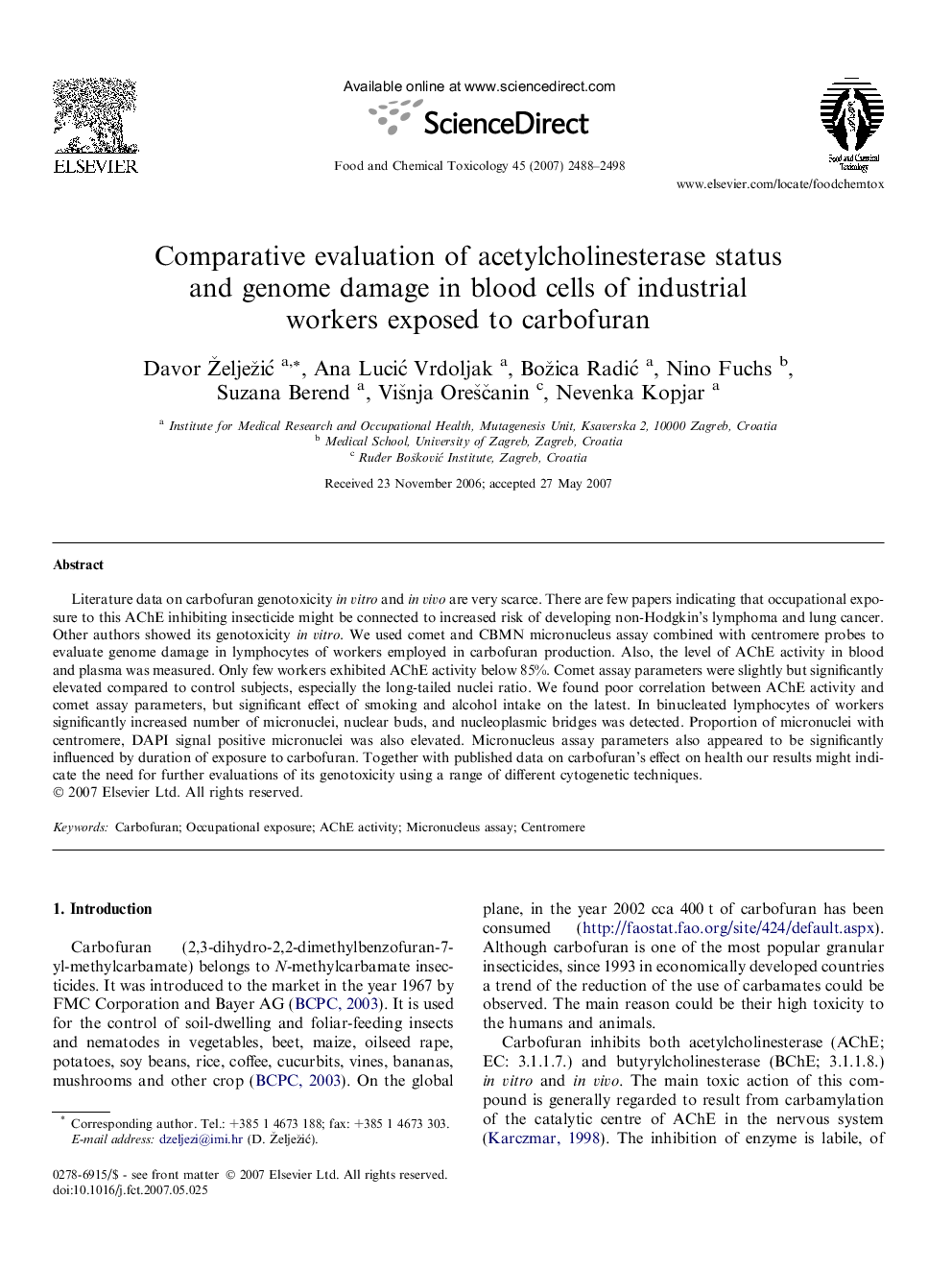 Comparative evaluation of acetylcholinesterase status and genome damage in blood cells of industrial workers exposed to carbofuran