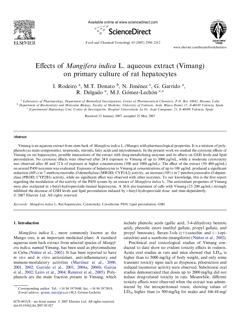 Effects of Mangifera indica L. aqueous extract (Vimang) on primary culture of rat hepatocytes