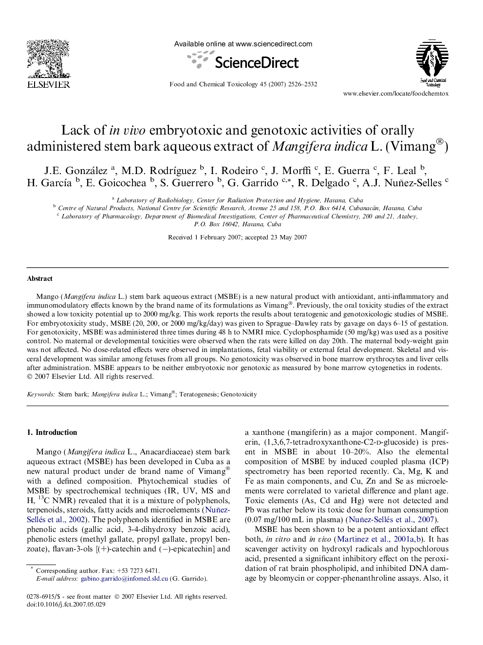 Lack of in vivo embryotoxic and genotoxic activities of orally administered stem bark aqueous extract of Mangifera indica L. (Vimang®)