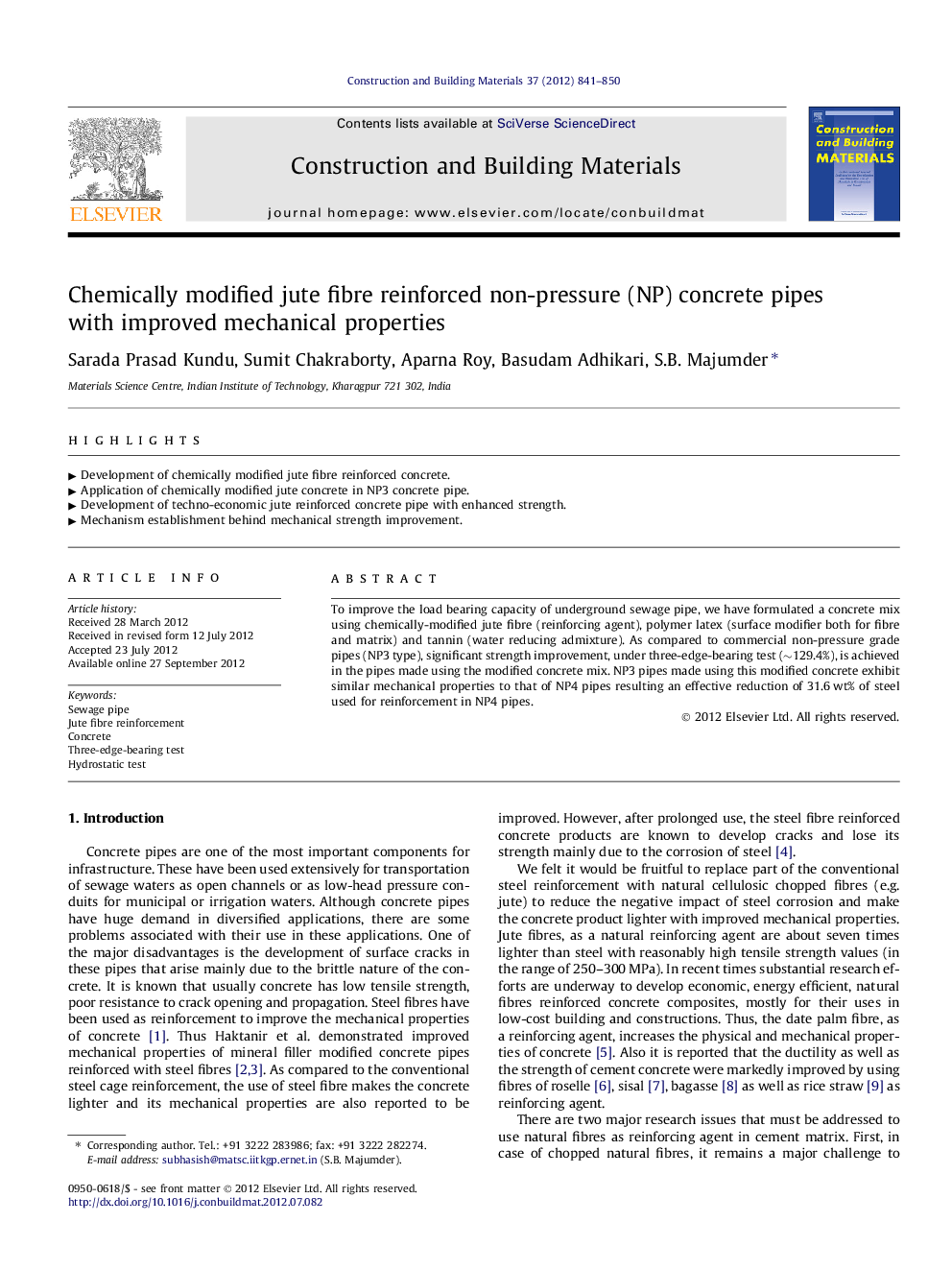 Chemically modified jute fibre reinforced non-pressure (NP) concrete pipes with improved mechanical properties