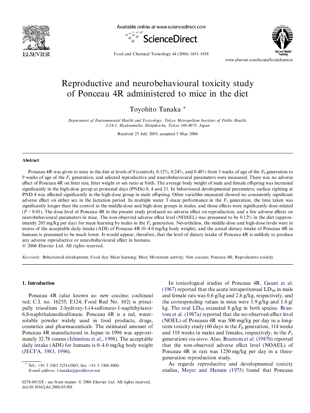 Reproductive and neurobehavioural toxicity study of Ponceau 4R administered to mice in the diet