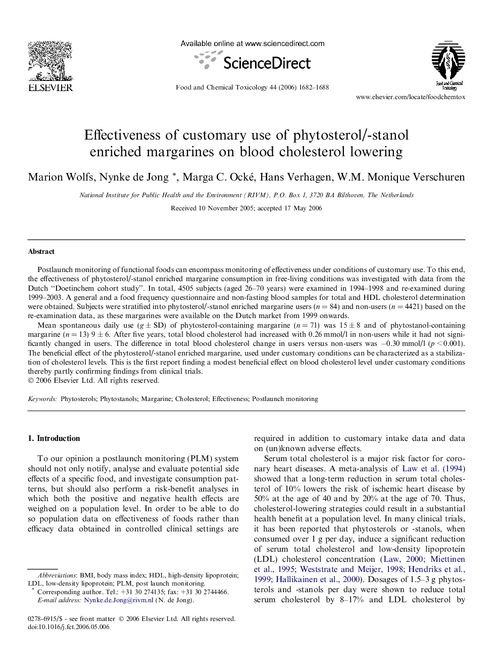 Effectiveness of customary use of phytosterol/-stanol enriched margarines on blood cholesterol lowering