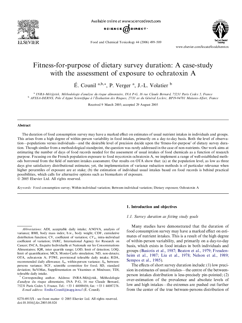 Fitness-for-purpose of dietary survey duration: A case-study with the assessment of exposure to ochratoxin A