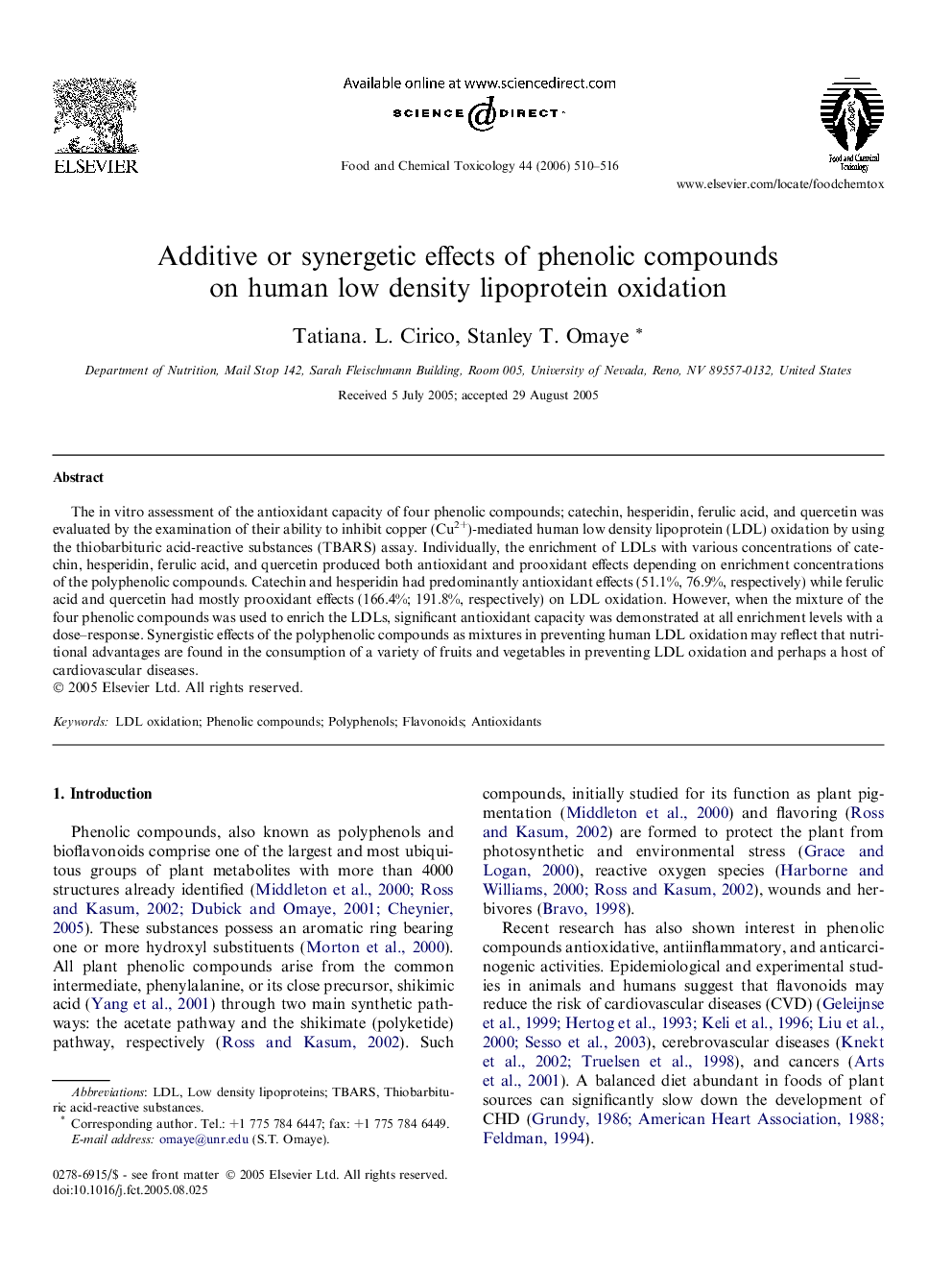 Additive or synergetic effects of phenolic compounds on human low density lipoprotein oxidation