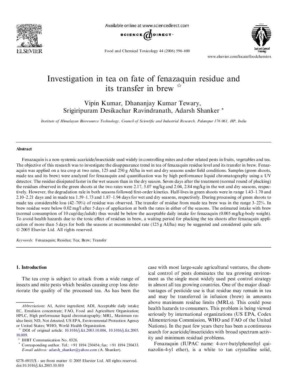 Investigation in tea on fate of fenazaquin residue and its transfer in brew 