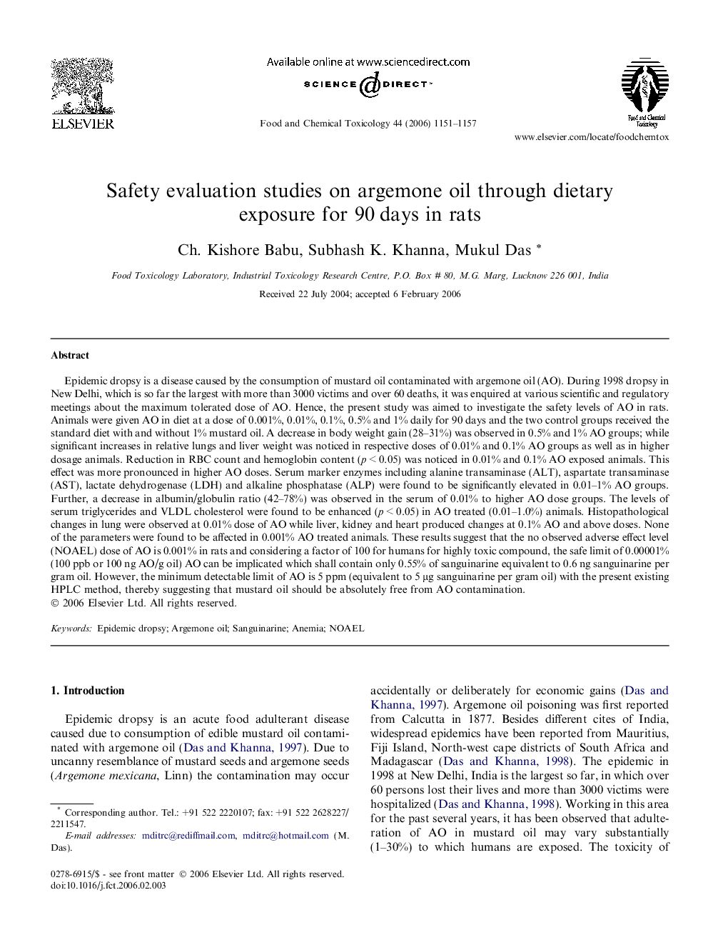 Safety evaluation studies on argemone oil through dietary exposure for 90 days in rats