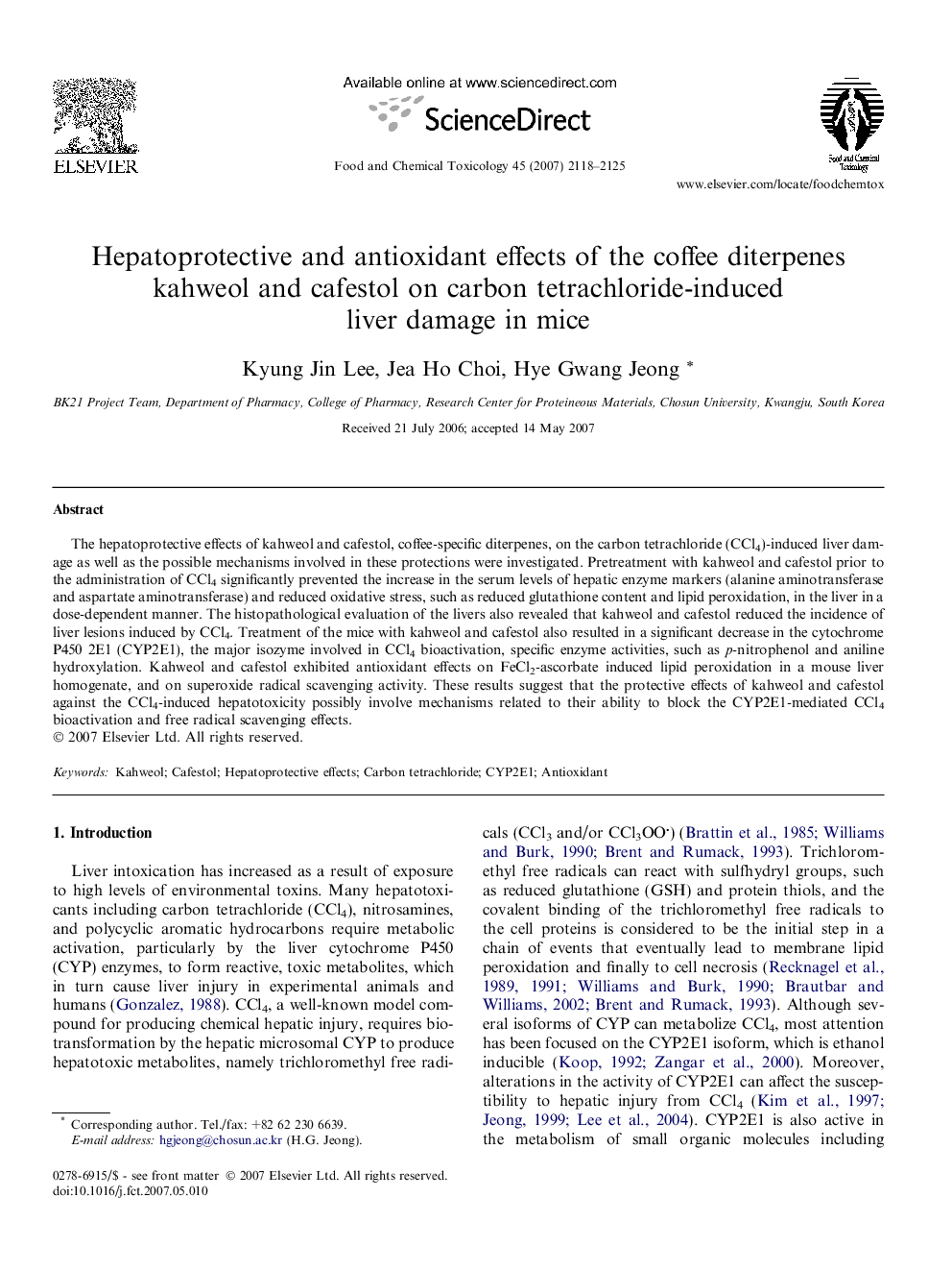 Hepatoprotective and antioxidant effects of the coffee diterpenes kahweol and cafestol on carbon tetrachloride-induced liver damage in mice