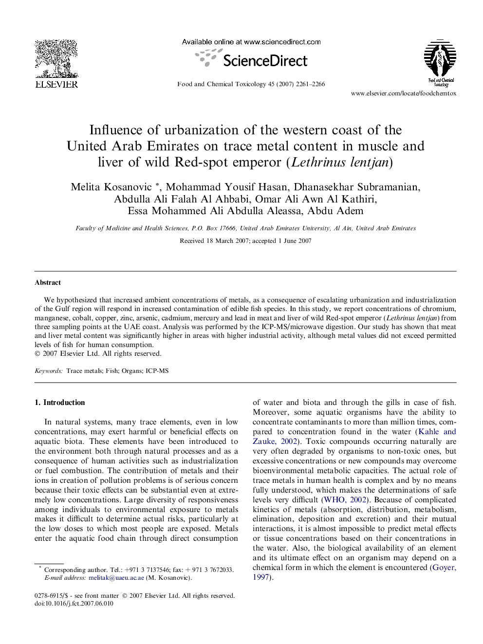 Influence of urbanization of the western coast of the United Arab Emirates on trace metal content in muscle and liver of wild Red-spot emperor (Lethrinus lentjan)