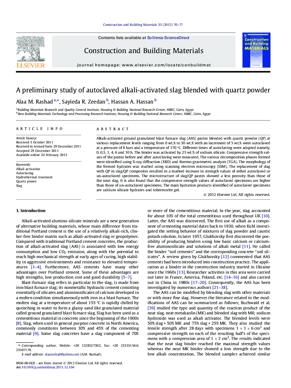 A preliminary study of autoclaved alkali-activated slag blended with quartz powder