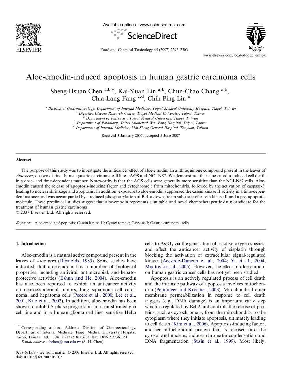 Aloe-emodin-induced apoptosis in human gastric carcinoma cells