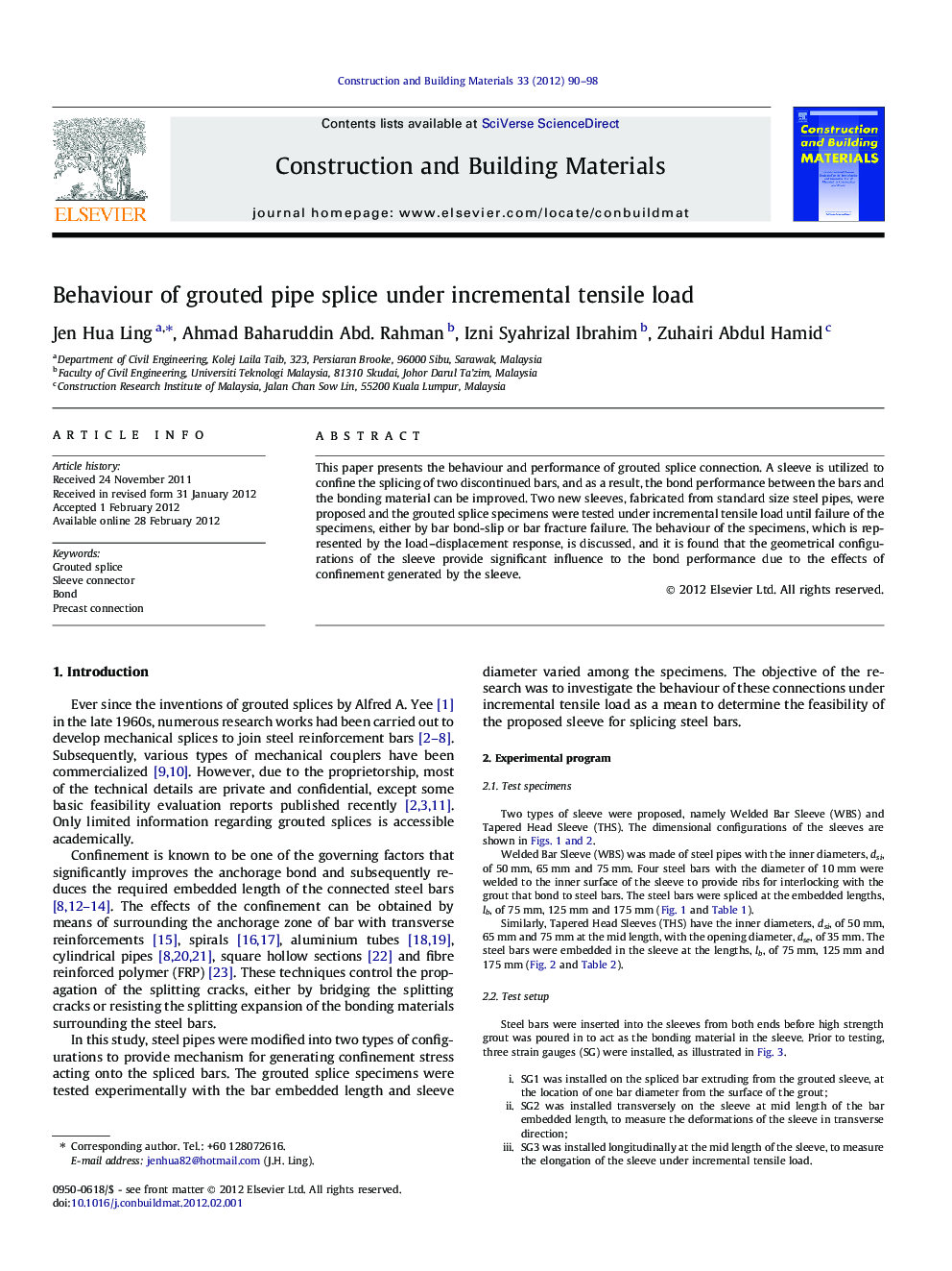 Behaviour of grouted pipe splice under incremental tensile load