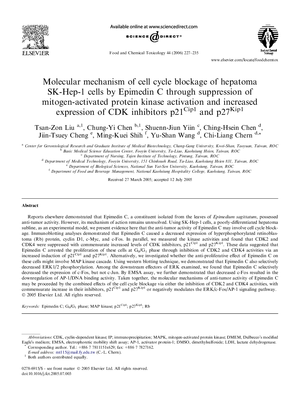 Molecular mechanism of cell cycle blockage of hepatoma SK-Hep-1 cells by Epimedin C through suppression of mitogen-activated protein kinase activation and increased expression of CDK inhibitors p21Cip1 and p27Kip1